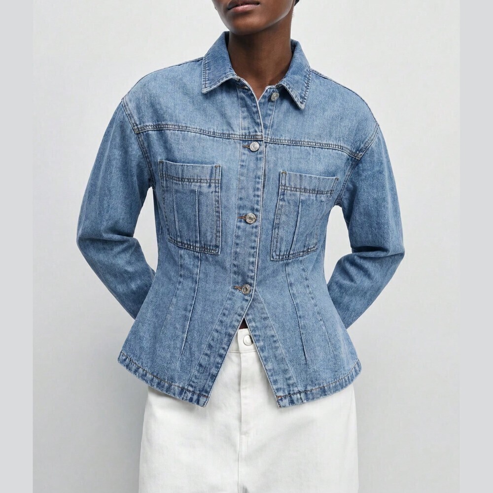 Medium Wash Denim Fitted Peplum Jacket with Patch Pockets
